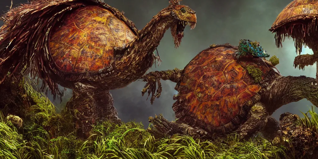 Prompt: a bird turtle giraffe mushroom jelly machine hybrid creature monster with metal scales feathers fur moss spines knobs, rich diverse lush alien world, fantasy, science fiction, dramatic lighting, in the style of national geographic, ken barthelmey, patrick woodroffe, illustration, octane render