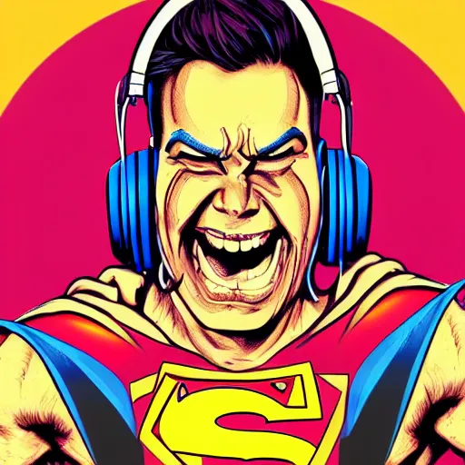 Image similar to artgerm, psychedelic laughing cybertronic superman, rocking out, headphones dj rave, digital artwork, r. crumb, svg vector