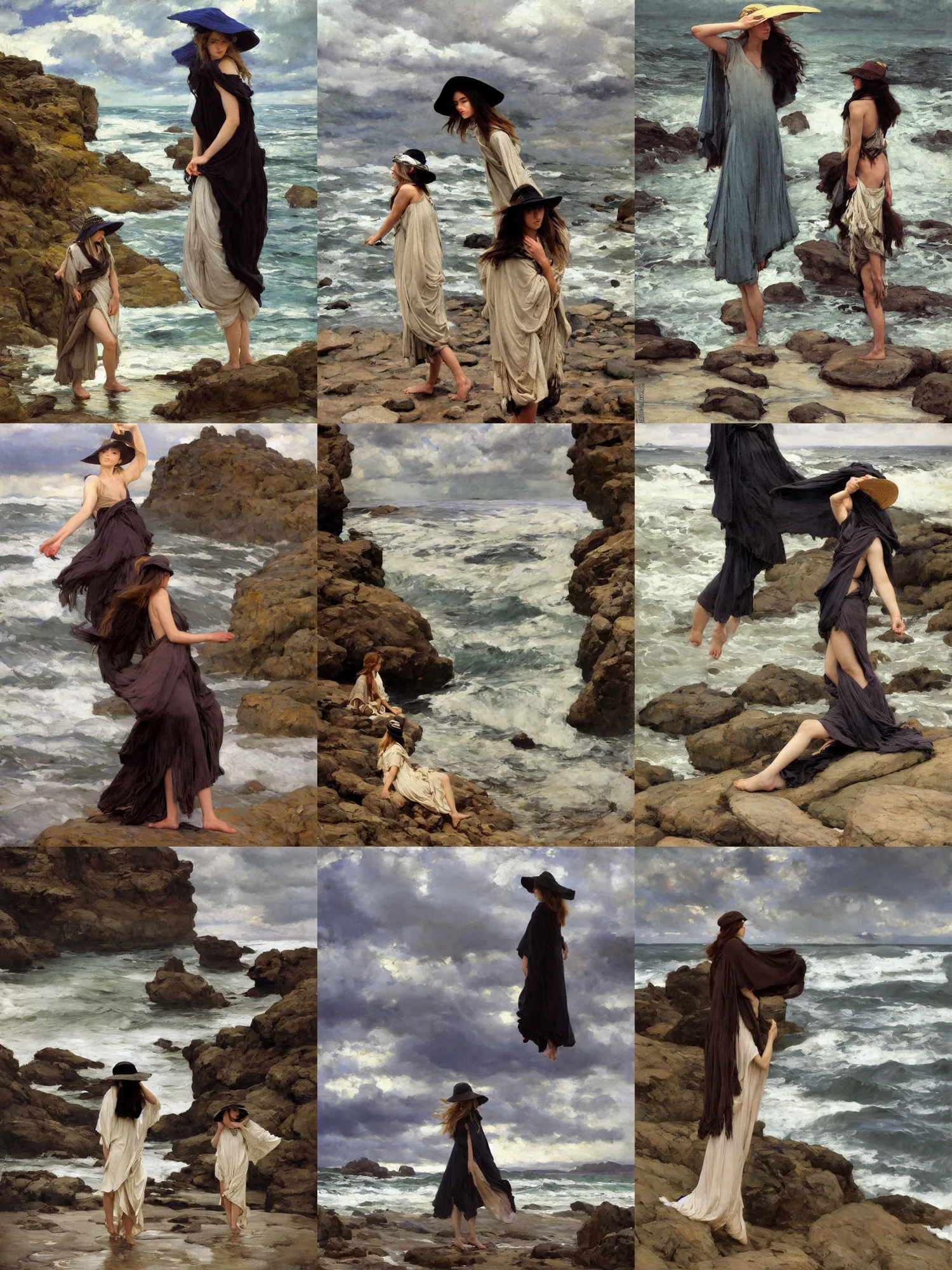 Prompt: dramatic light, thunder clouds in the sky, stormy sea by frederick judd waugh, simple form, brutal shapes, shaman, portrait of fashionable young woman wearing rich jewerly hat and boho poncho, pixiv, lying pose on stones, 1970s fashion, anime, studio ghiblil, artwork by Joaquin Sorolla and john william waterhouse and Denis Sarazhin and James Jean and klimt and rhads and van gogh and Dean Ellis and Detmold Charles Maurice