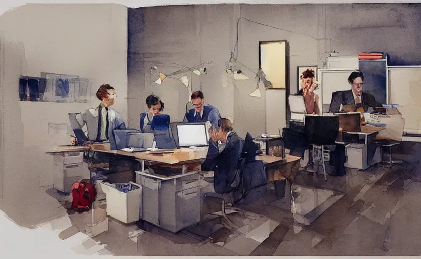 Image similar to concept art of a modern office life, pinterest, artstation trending, behance, watercolor, by coby whitmore *, silver, laser light *,