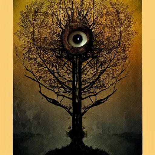 Prompt: golden hour, 1 9 1 2 wwi, realistic tree made of! eyes, thick clouds behind, 3 5 mm, colorized tintype photo, dystopian environment, intricate, highly detailed, centered headdress, digital painting, artstation, concept, smooth, sharp focus, illustration, artgerm