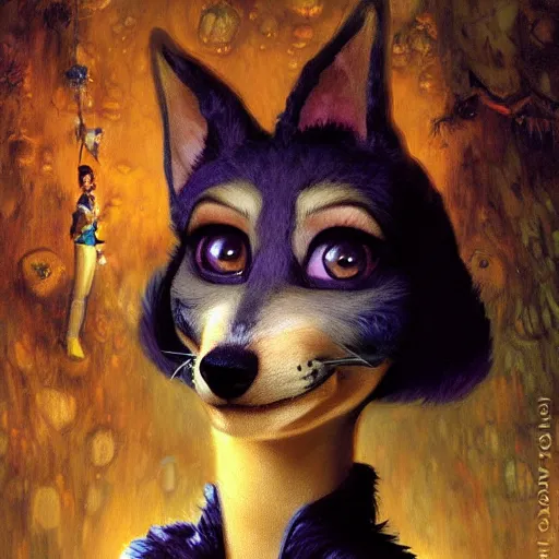 Image similar to a portrait of an alien female dog dogwoman canine in starfleet uniform at night in a dark forest. zootopia fursona furaffinity furry art detailed face painting by gaston bussiere craig mullins jc leyendecker gustav klimt artgerm greg rutkowski furry