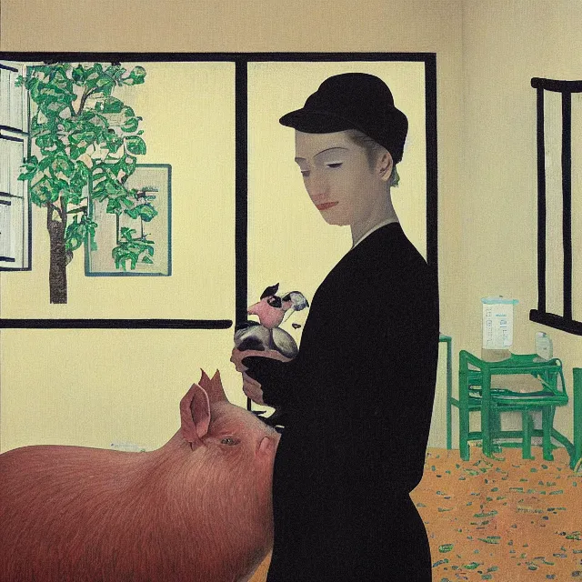 Image similar to tall female emo artist holding a pig in her flooded bathroom, water gushing from ceiling, painting of flood waters inside an artist's bathroom, a river flooding indoors, pomegranates, pigs, ikebana, zen, water, octopus, river, rapids, waterfall, black swans, canoe, berries, acrylic on canvas, surrealist, by magritte and monet