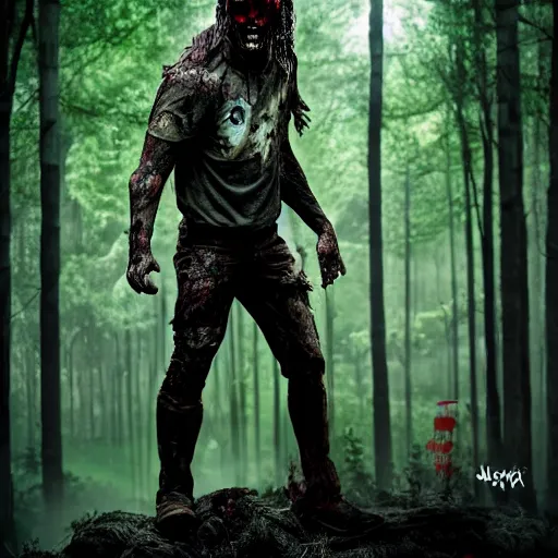 Image similar to a zombie superhero in a scary forest, 8 k, shallow depth of field, 8 k, ultra high detail, concept art,