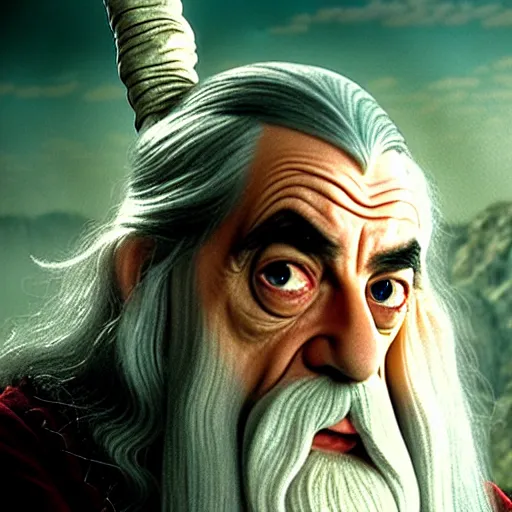 Image similar to mr. bean as gandalf from lord of the rings. movie still. cinematic lighting.
