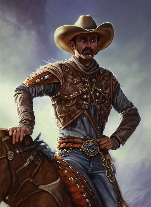 Image similar to Cowboy sorcerer drow wearing a cowboy hat, Ivan Aivakovsky, Boris Vallejo, epic fantasy character art, D&D Concept Art, full length, Realistic, Regal, Refined, Detailed Digital Art, Oil Paining, Exquisite detail, post-processing, masterpiece, Cinematic Lighting, Unreal Engine, 8k, HD, Stanley Artgerm Lau, WLOP, Rossdraws, Frank Frazetta, Andrei Riabovitchev, Marc Simonetti, trending on artstation