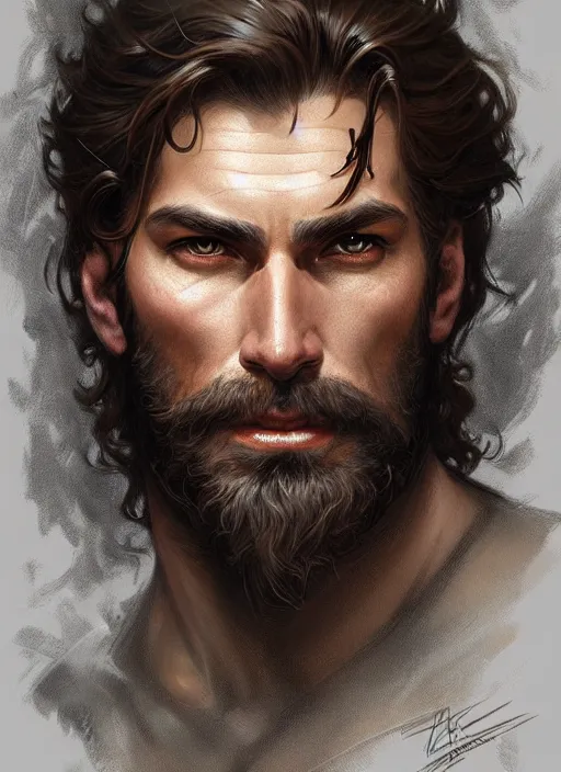 Prompt: portrait of a young ruggedly handsome ranger, muscular, half body, leather, hairy, d & d, fantasy, intricate, elegant, highly detailed, digital painting, artstation, concept art, smooth, sharp focus, illustration, art by artgerm and greg rutkowski and alphonse mucha