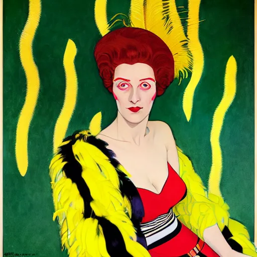 Image similar to art by joshua middleton, a medium shot portrait of the golden creeper, a tall manically smiling yellow - skinned woman with green and black striped cycling shorts and wearing a long red and black striped ostrich feather boa, yellow makeup, mucha, kandinsky, poster, art deco motifs, comic art, stylised design, scarlet feather boa