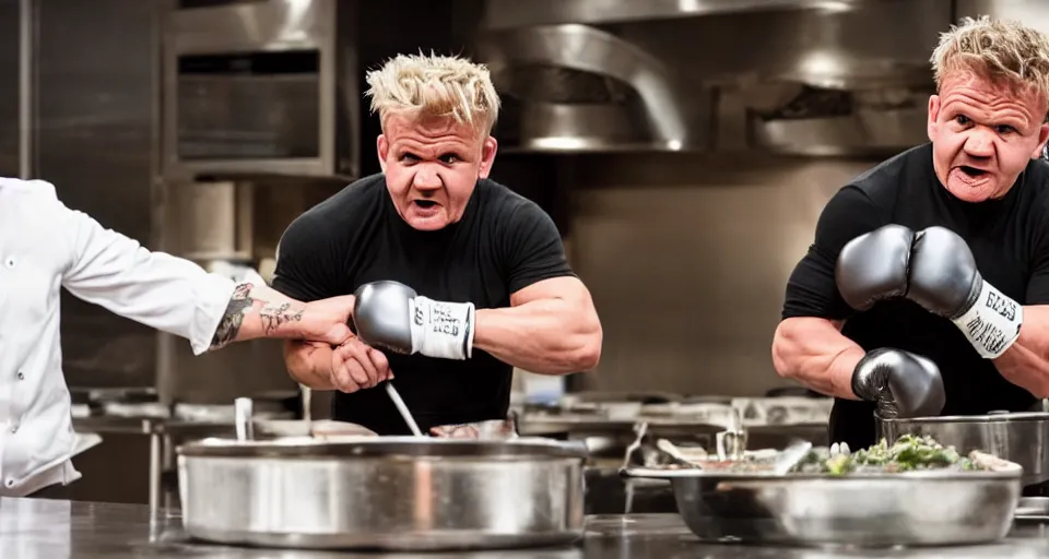 Image similar to photo of angry furious Gordon Ramsay punching Gordon Ramsay at the kitchen