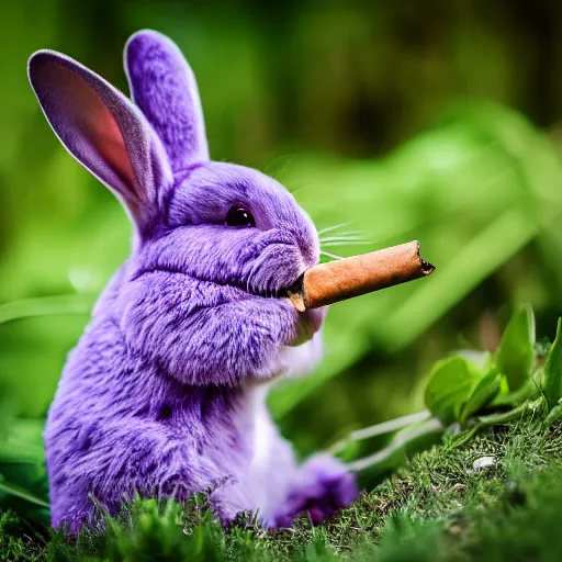 Prompt: professional photography of a violet rabbit smoking a cigar