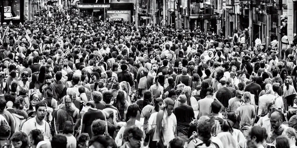 Prompt: Humanity encounters another intelligent civilisation from another planet, people flock to the streets to witness, black and white, depth of field