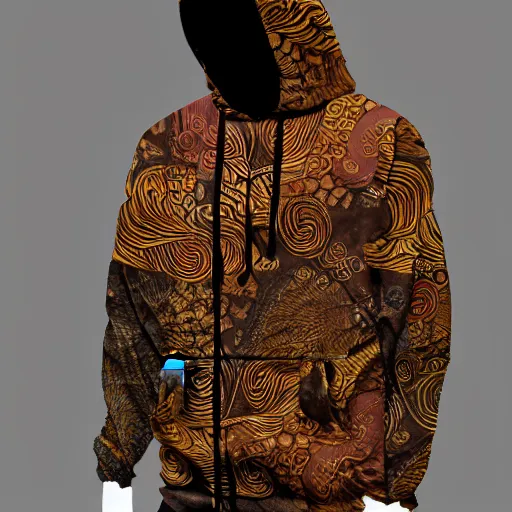 Prompt: batik, hoodie, dark brown, trendsetter, fashion of the year, fiction, stability, intricate, elegant, 8 k, uhd, justify, artstation, concept art, matte, sharp focus, illustration, consistent, highly detailed object content, proportional object content