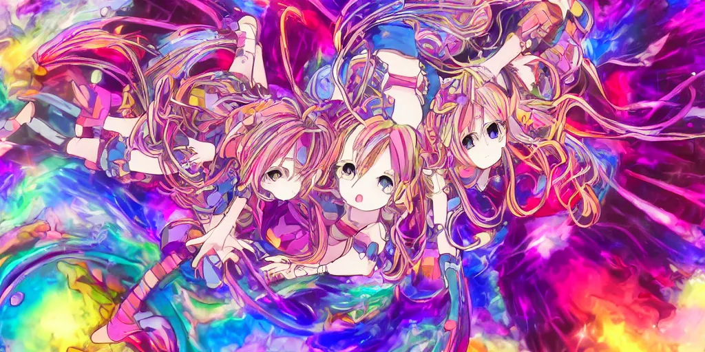 Image similar to Dreamy psychedelic anime, extremely colorful, geometric, Madoka witch labyrinth, patchwork, photoshop, HDR, 4k, 8k, abstract, two anime girls standing within two raging colorful vortexes, detailed and cute faces on the anime girls, very cute and childlike, hugging, smiles and colors