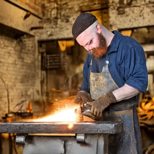 Prompt: A blacksmith working at his anvil in a dark, smoke-filled workshop, 100mm lens, very detailed, no blur, sharp focus, realistic