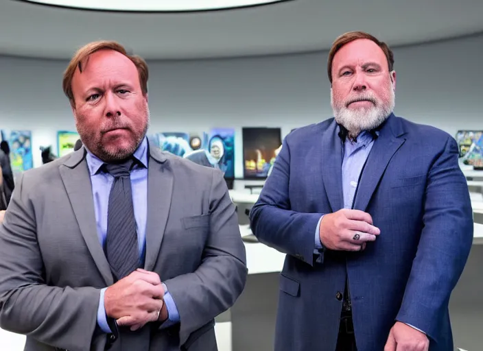 Image similar to dslr photo still of infowars host alex jones in a blue suit fat grey beard and mustache!!! depressed!!! in an!!! apple store trying to get his phone deleted!!!, 5 2 mm f 1. 8