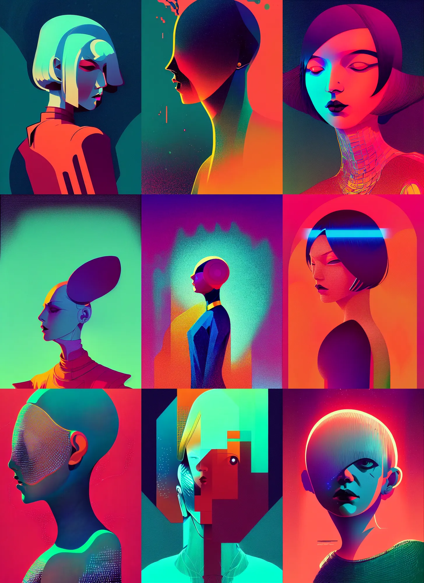 Prompt: ( ( dither ) ), editorial illustration portrait of reol, dynamic pose, modern art deco, colorful, ( ( mads berg ) ), christopher balaskas, victo ngai, rich grainy texture, detailed, dynamic composition, wide angle, moebius, matte print, cosmic ( ( glitch art ) )