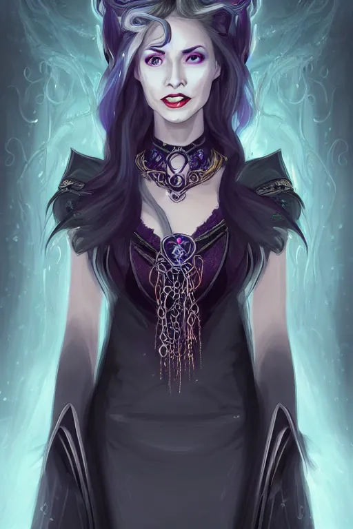 Image similar to portrait of a gorgeous female warlock, looking at camera, D&D, choker on neck, stylish dark dress, arcane symbols, mouth slightly open, very long flowing hair, intricate, elegant, stylish, cute slightly nerdy smile, fantasy, extremely detailed, digital painting, artstation, concept art, smooth, sharp focus, illustration, stunning lighting, art by artgerm and greg rutkowski and alphonse mucha and simon stalenhag