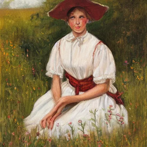 Image similar to pioneer lady in a meadow, prairie dress and bonnet, portrait, oil