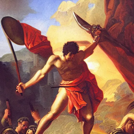 Image similar to high quality high detail painting, of david killing giant goliath