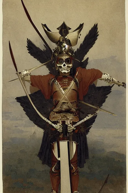 Prompt: portrait of a skeleton archer wearing samurai helmets and armor with wings, with big sword, symmetrical, solemn, sacred, aura, by bouguereau