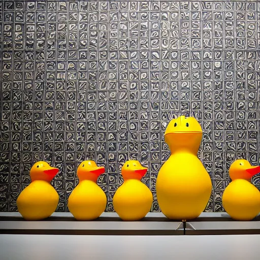 Prompt: 1 8 mm f / 8 wide shot, one! photorealistic rubber duck in foreground on a pedestal in an cavernous museum gallery, metropolitan museum of art, the walls are covered with colorful geometric wall paintings in the style of sol lewitt, tall arched stone doorways, through the doorways are more wall paintings in the style of sol lewitt.