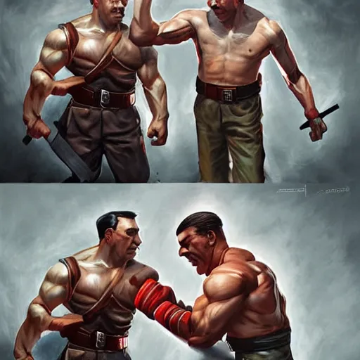 Image similar to Muscular adolf hitler fighting muscular Joseph stalin , digital art by Mandy Jurgens and Irina French and Heraldo Ortega , hyperdetailed, artstation, cgsociety