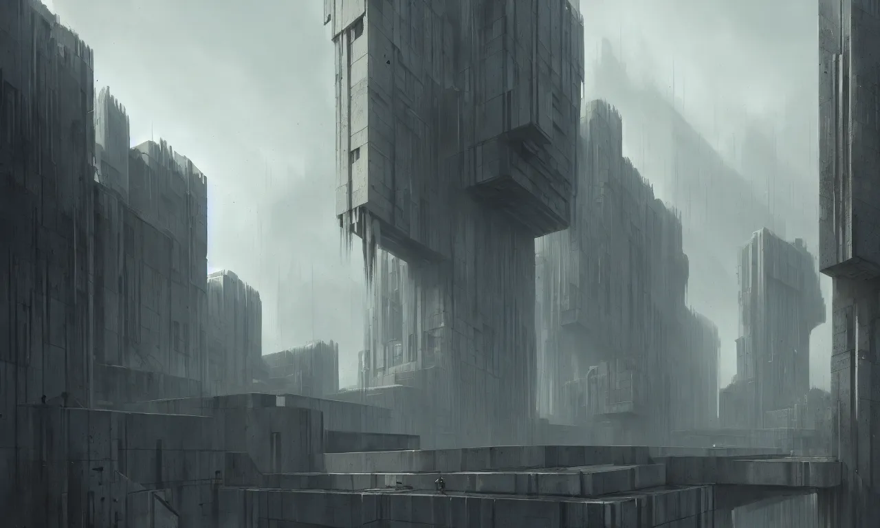 Prompt: brutalist architecture, raphael lacoste, eddie mendoza, alex ross, concept art, matte painting, highly detailed, rule of thirds, dynamic lighting, cinematic, detailed, denoised, centerd