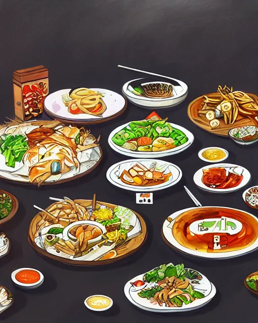 Image similar to a painting of a table full of korean foods, concept art by taro yamamoto, pixiv contest winner, auto - destructive art, official art, concept art, pixiv