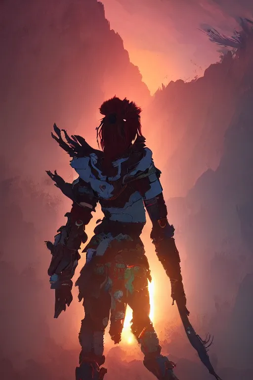 Image similar to combination suit armor aloy horizon forbidden west horizon zero dawn radiating a glowing aura global illumination ray tracing hdr fanart arstation by ian pesty and alena aenami artworks in 4 k tribal robot ninja mask helmet backpack