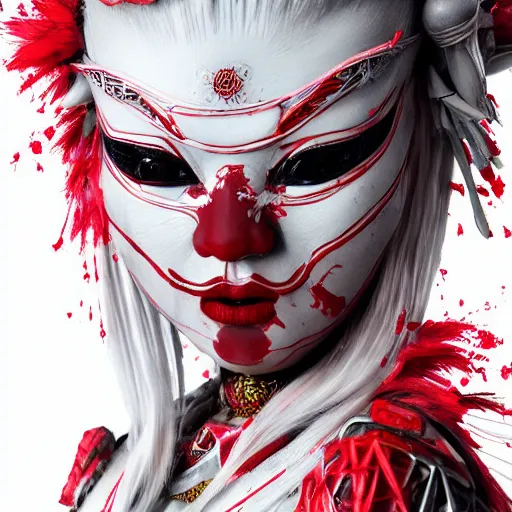 Image similar to albino maiko wearing an armor war paint, award winning photograph, 4 k, red and white neon, concept art, intricate details, highly professionally detailed, cgsociety, highly detailed -