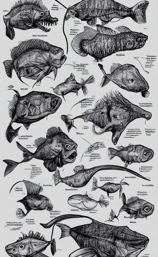 Prompt: a page of anglerfish anatomy illustration, highly detailed