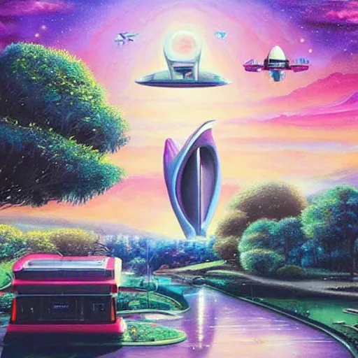 Prompt: Beautiful city of the future in harmony with nature. Spaceship in the background. Nice colour scheme, soft warm colour. Beautiful painting by Lurid. (2022)