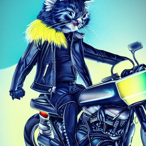 Image similar to wide angle full body, jacket wearing fluffy cute rainbow kitten wearing a black leather motorcycle jacket, riding on a motorcycle, cinematic concept art