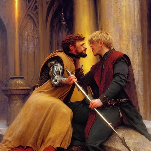 Image similar to arthur pendragon in love with male merlin the mage. they are in love. highly detailed painting by gaston bussiere, craig mullins, j. c. leyendecker