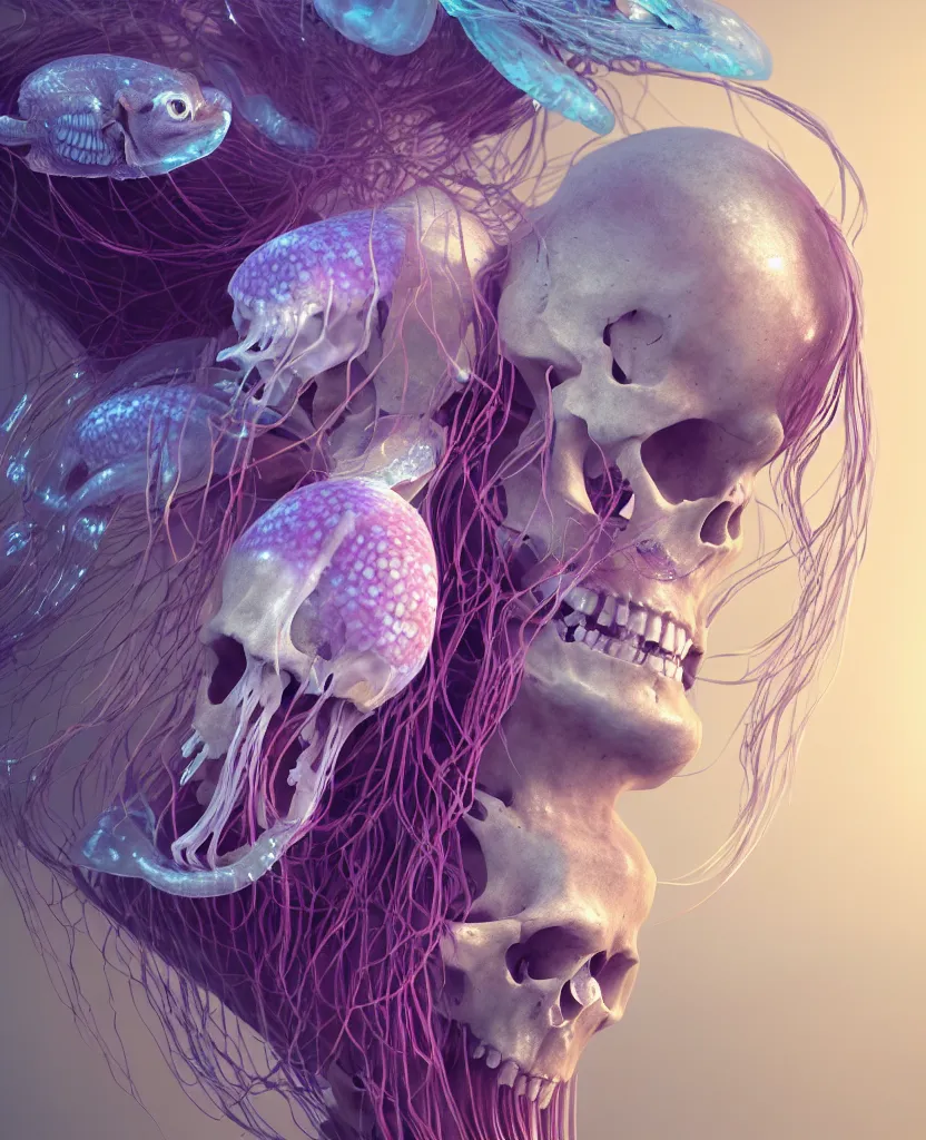 Image similar to goddess close - up portrait human skeleton, ram skull, jellyfish, orchid, betta fish, bioluminiscent, intricate artwork by tooth wu and wlop and beeple. octane render, trending on artstation, greg rutkowski very coherent symmetrical artwork. cinematic, hyper realism, high detail, octane render, 8 k