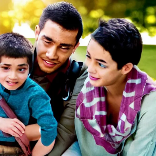 Prompt: a handsome young cyborg family with a young boy, scene from a future world where nanotechnology is ubiquitous