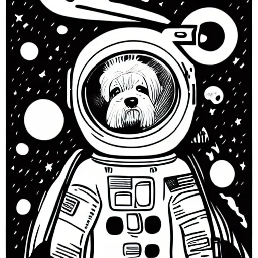 Prompt: mcbess illustration of a dog in a spacesuit In space