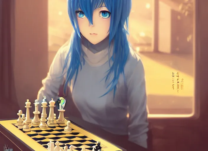 Image similar to rimuru playing chess, with gold eyes, straight hair, sky blue hair, long bangs, high collar, concept art, award winning photography, digital painting, cinematic, by wlop, anime key visual, wlop, 8 k, by ross tran, tom bagshaw, andy warhol