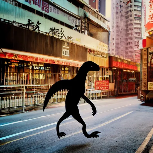 Image similar to a velociraptor walking through kowloon, hong kong. sunbeams, cinematic shot