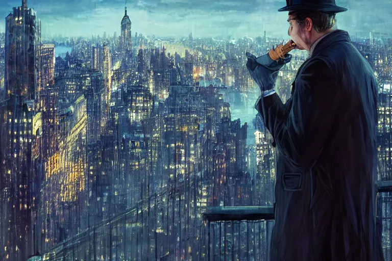 Prompt: detective wearing a trench coat in profile smoking a sherlock holmes pipe on a perch facing the city at night, smooth, focus, highly detailed, hyper realistic, dramatic lighting, intricate, concept art, new york skyline, looking down, art by wlop, greg rutowski, artstation