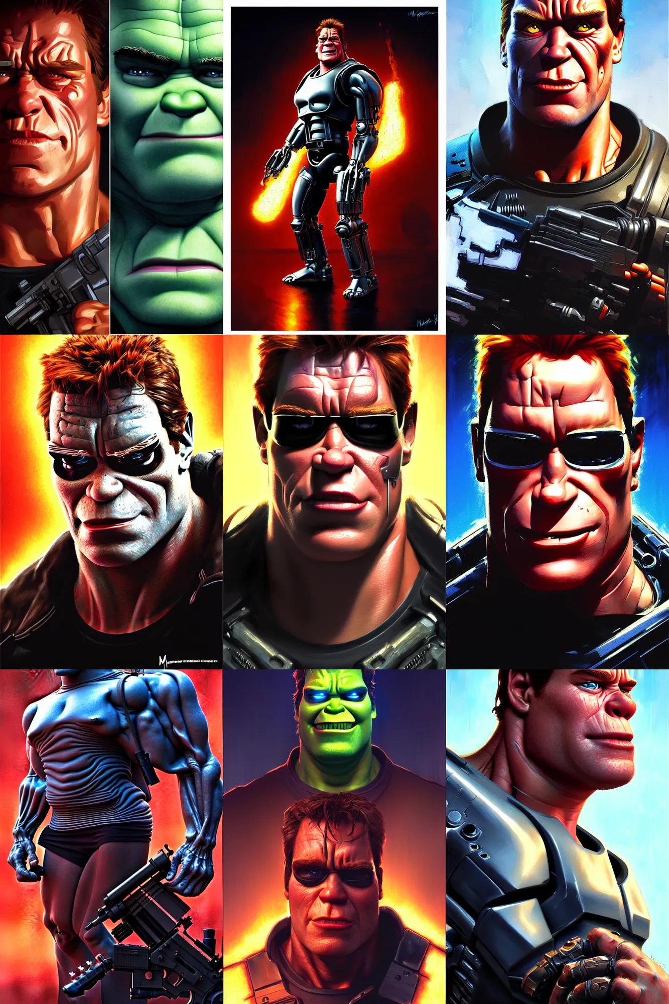 Prompt: the terminator as shrek, animation pixar style, shaded lighting poster by magali villeneuve, artgerm, jeremy lipkin and michael garmash, rob rey and kentaro miura style, trending on art station