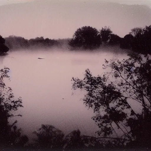 Prompt: extremely sad scene of an abstrac beatiful shape over a lagoon, mist, bloody sunset, polaroid photography from the 70s