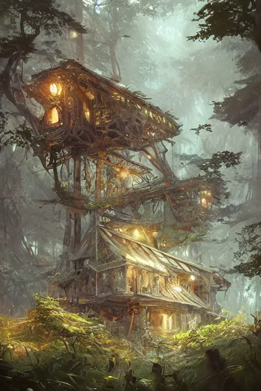 Image similar to a cheerful ramshackle multistory hut in the woods, well armored, intricate, elegant, fantasy, highly detailed, digital painting, concept art, sharp focus, illustration, beautiful volumetric lighting, magic hour lighting, colorful, artstation, art by artgerm and greg rutkowski