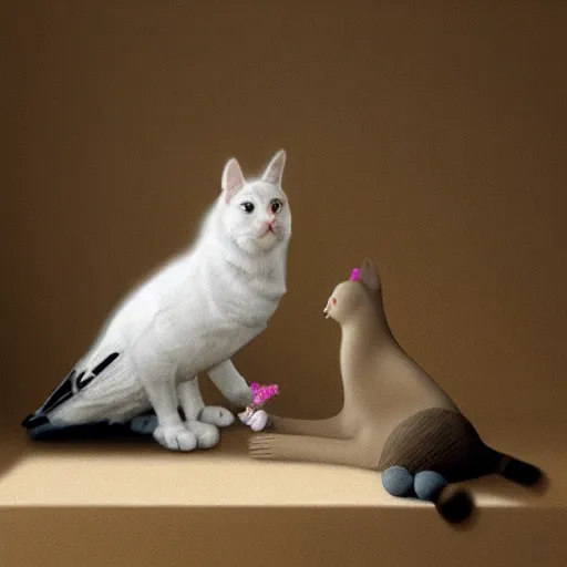 Image similar to cat playing with the dove of peace, photorealistic, detailed