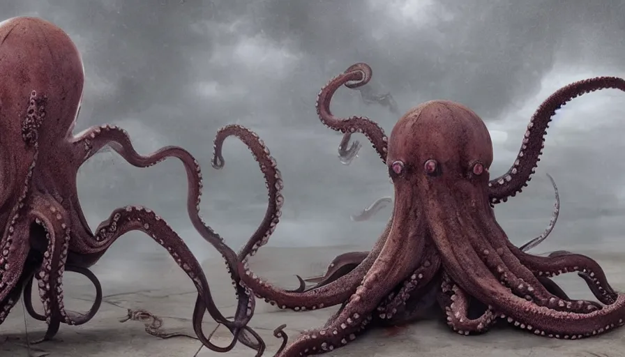 Image similar to big budget horror movie scene where an octopus explodes out of a man\'s head