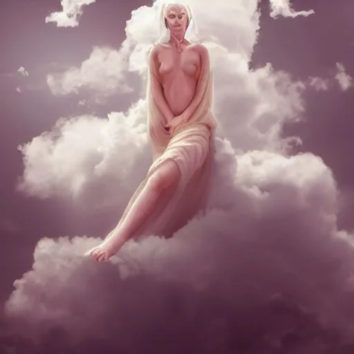 Prompt: goddess wearing a cloud fashion is looking on us from above, photoshop, colossal, creative, albino skin, giant, digital art, photo manipulation, clouds, covered in clouds, girl clouds, on clouds, covered by clouds, airplane in the sky, white hair, digital painting, artstation