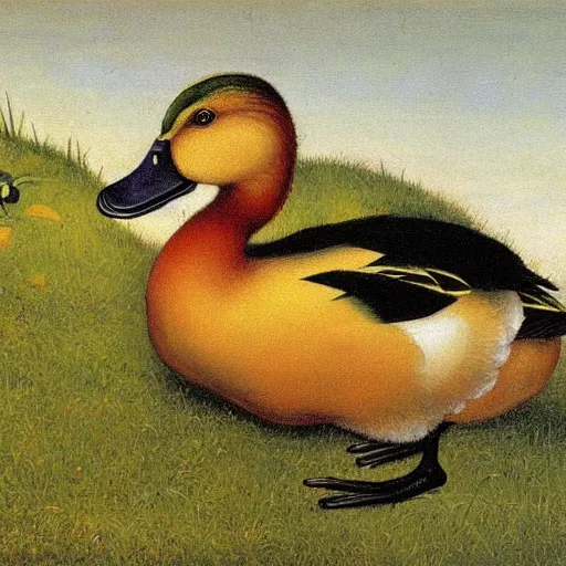 Prompt: a duck on the prowl oil painting lucas cranach the elder