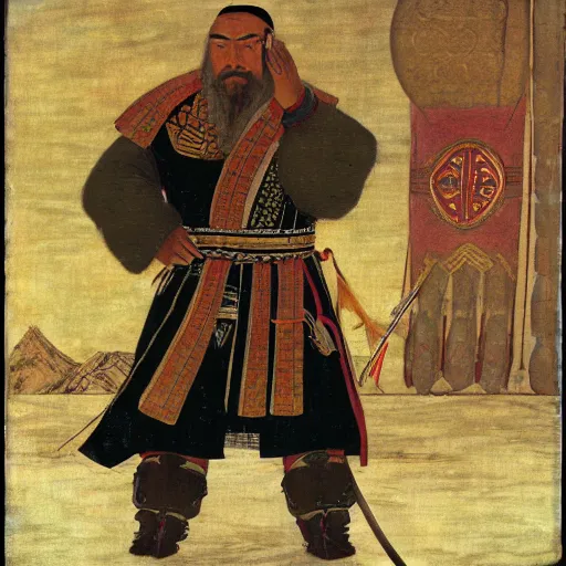 Prompt: genghis khan having trouble with his computer, perplexed, colorized, 8k, UHD