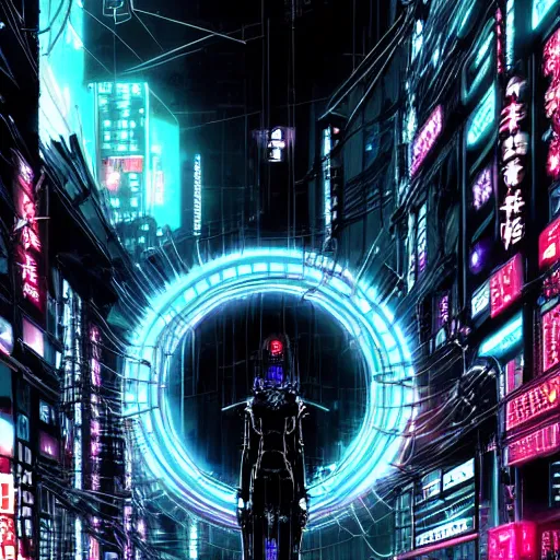 Image similar to Perfect circle portal leading to a vast neon cyberpunk Tokyo in style of Tsutomu Nihei. Cyberpunk, vertical symmetry, 8K, Highly Detailed, Intricate, Vivid.