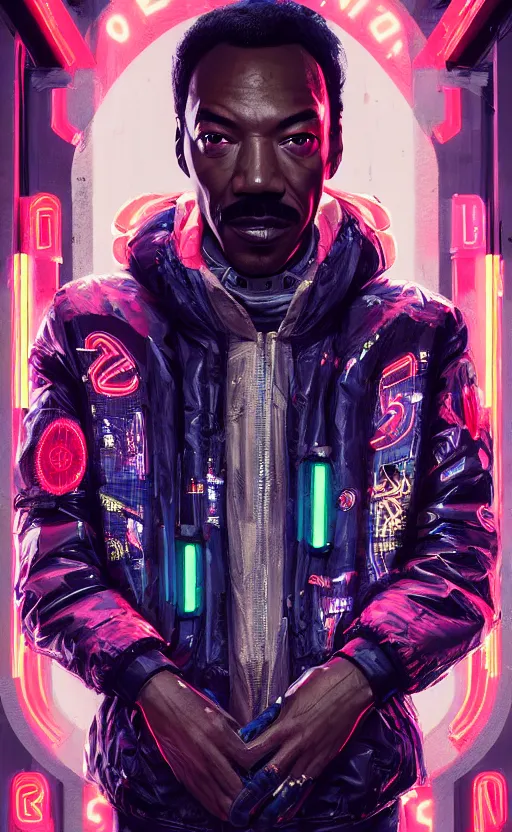 Image similar to detailed portrait Eddie Murphy Neon Operator, cyberpunk futuristic neon, reflective puffy coat, decorated with traditional Japanese ornaments by Ismail inceoglu dragan bibin hans thoma greg rutkowski Alexandros Pyromallis Nekro Rene Maritte Illustrated, Perfect face, fine details, realistic shaded, fine-face, pretty face